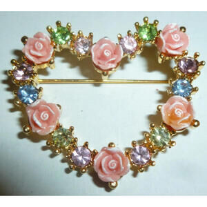 Vintage Heart Wreath Colorful Rhinestones & Roses Brooch‎ Pin Gold Tone